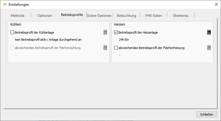 Einstellungen Betriebsprofile Linear Building