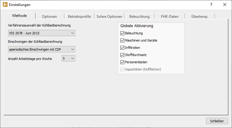 Einstellungen Kühllast Methode Linear Building