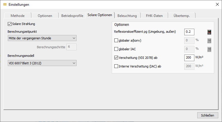 Einstellungen Solare Optionen Linear Building