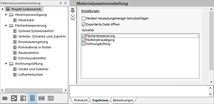 Materialzusammenstellung Projektebene Linear Building