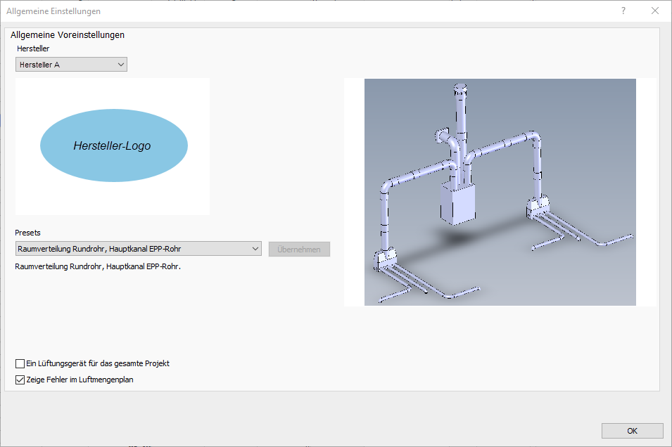 Allgemeine Einstellungen Dialog Linear Building