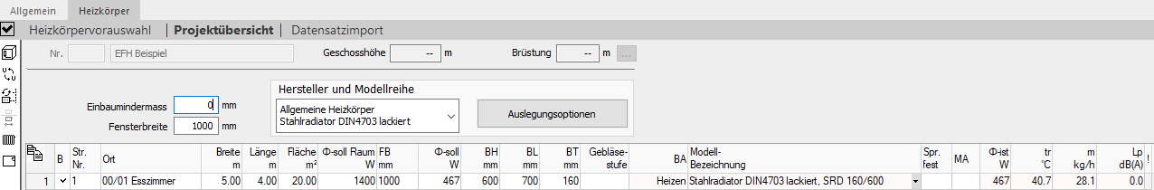 Projektübersicht Auslegung Heizkörper Linear Building