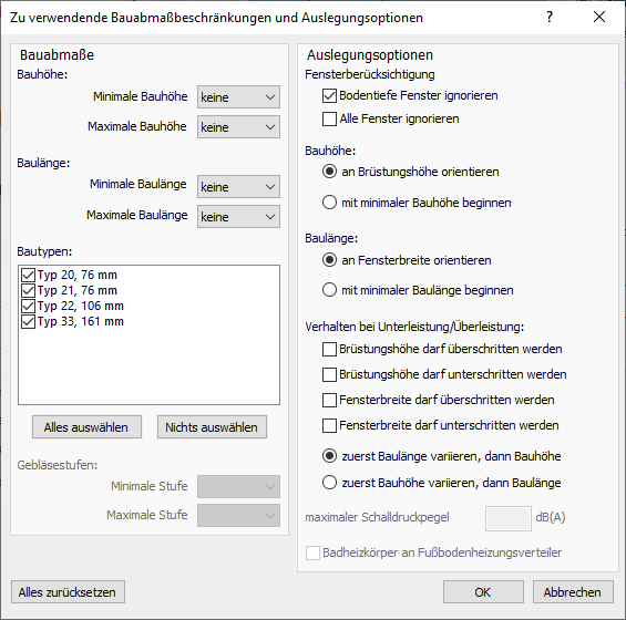 Dialog Bauabmaßbeschränkungen Linear Building