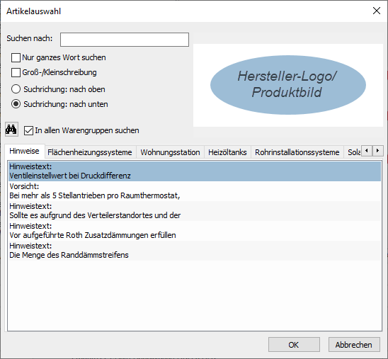 Dialog Artikelauswahl Linear Building