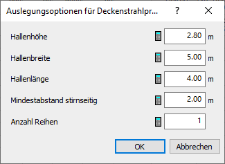 Dialog Auslegungsoptionen Deckenstrahl Linear Building