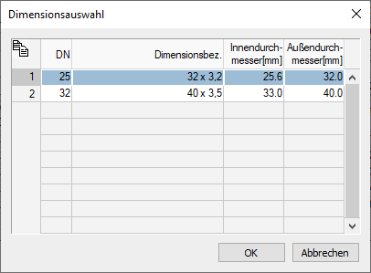 Dialog Dimensionsauswahl Linear Building