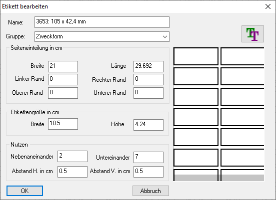 Dialog Etikett bearbeiten Linear Building