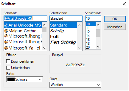 Dialog Schriftwart wählen Linear Building