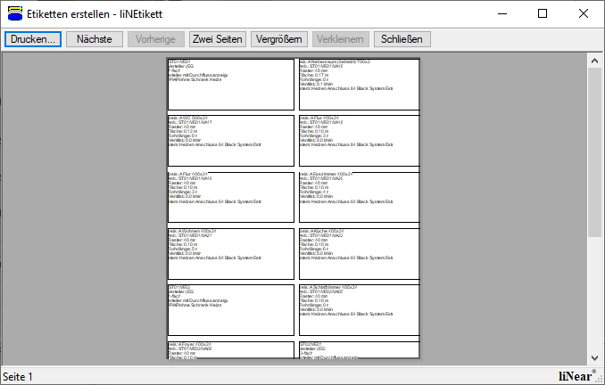 Dialog Etiketten erstellen Linear Building