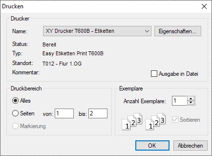 Dialog Etiketten drucken Linear Building