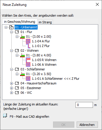 Dialog Neue Zuleitung Flächenheizung Linear Building