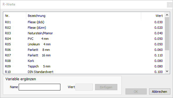 Dialog R-Werte Linear Building