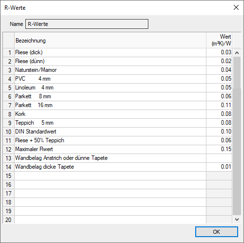 Dialog R-Werte Linear Building