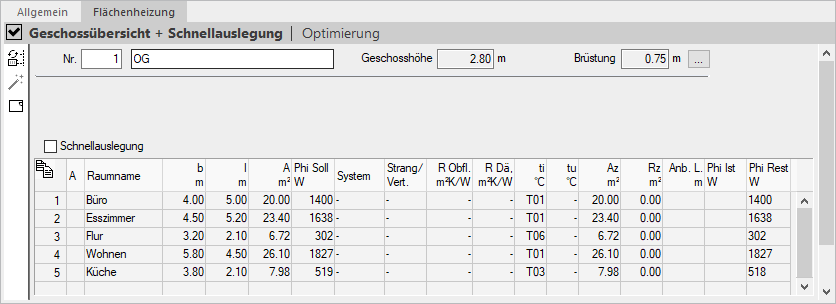 Geschossübersicht Flächenheizung Linear Building