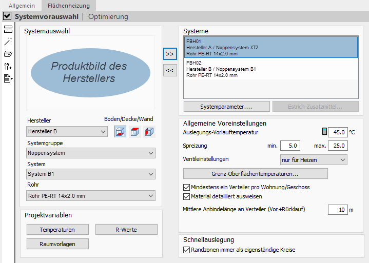 Flächenheizung Systemvorauswahl Linear Building