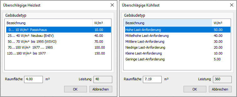 Dialog Überschlägige Heizlast Linear Building