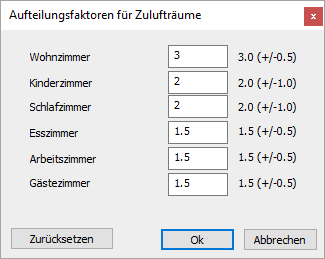 Dialog Aufteilungsfaktoren Zulufträume Linear Building