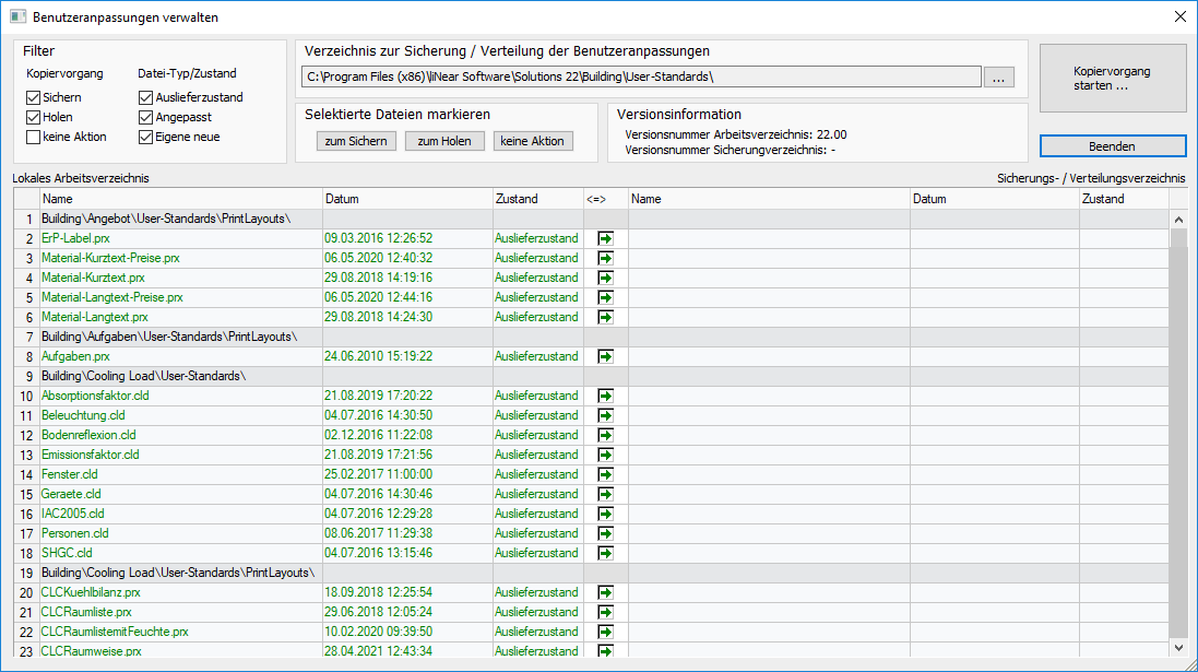 Dialog Benutzeranpassungen verwalten Linear Building