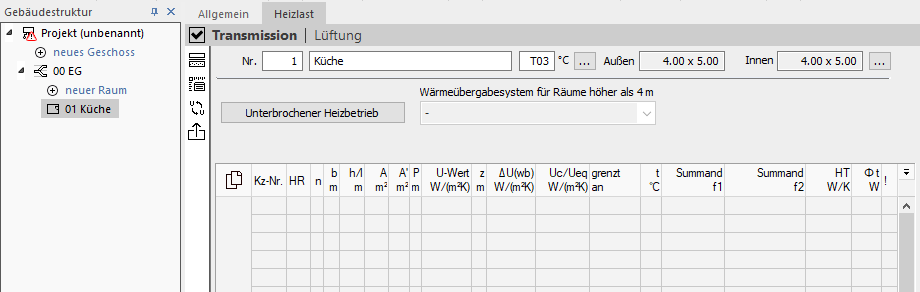 Heizlast Transmission Raumbauteile Linear Building