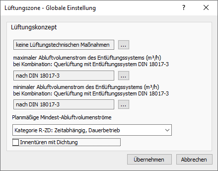 Lüftungszone Globale Einstellungen Dialog Linear Building