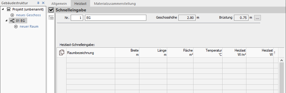 Heizlast Schnelleingabe Linear Building