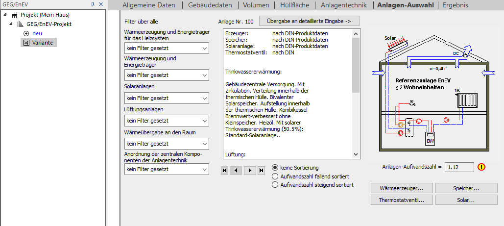 Anlagen Auswahl GEG EnEV Linear Building