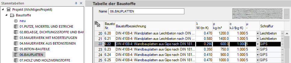 Stammtabellen Tabelle der Baustoffe Linear Building