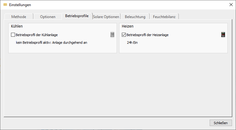 Einstellungen Betriebsprofile Linear Building