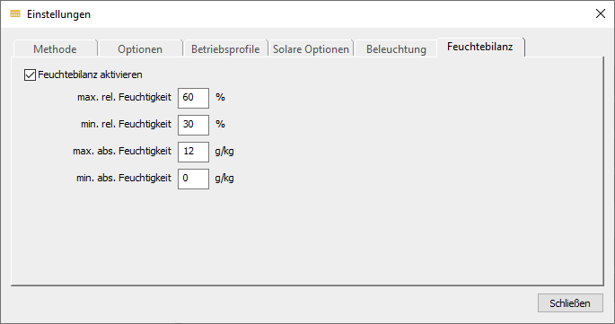 Einstellungen Feuchtebilanz Linear Building