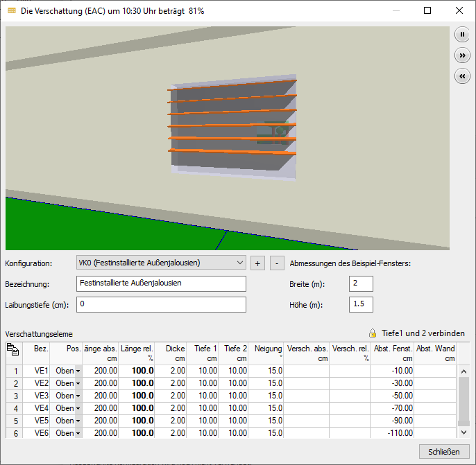 Dialog Verschattung Linear Building