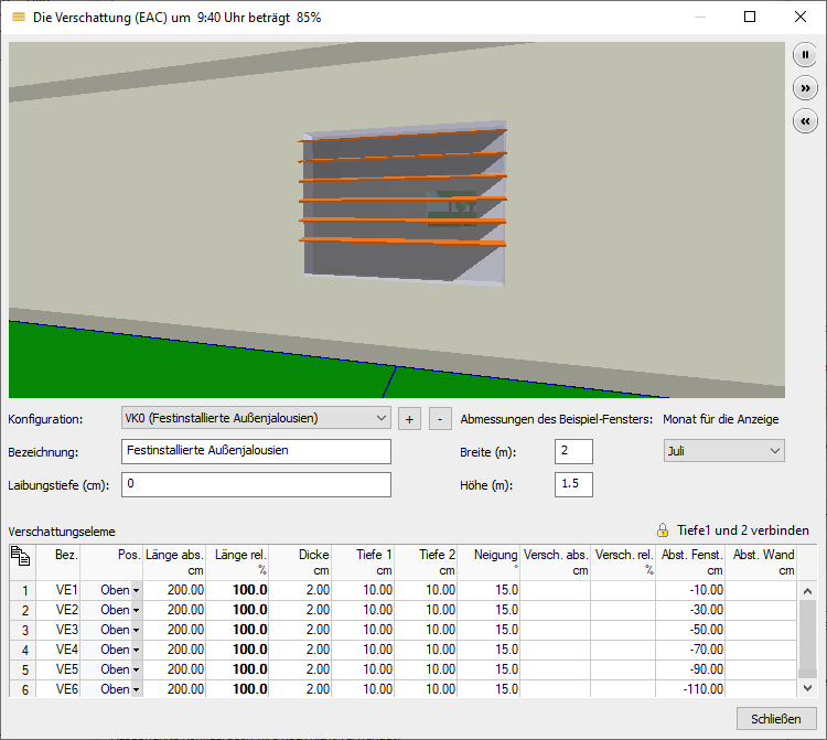 Dialog Verschattung Linear Building