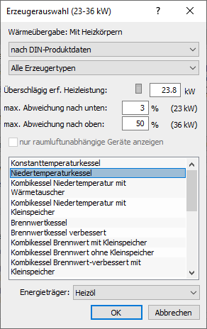 Erzeugerauswahl GEG EnEV Linear Building