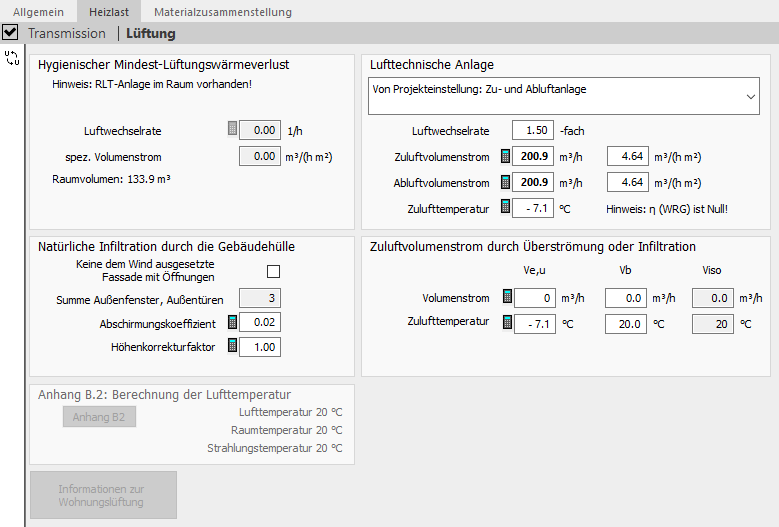 Heizlast Lüftung Linear Building