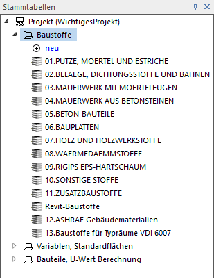 Stammtabellen Baustoffe Linear Building