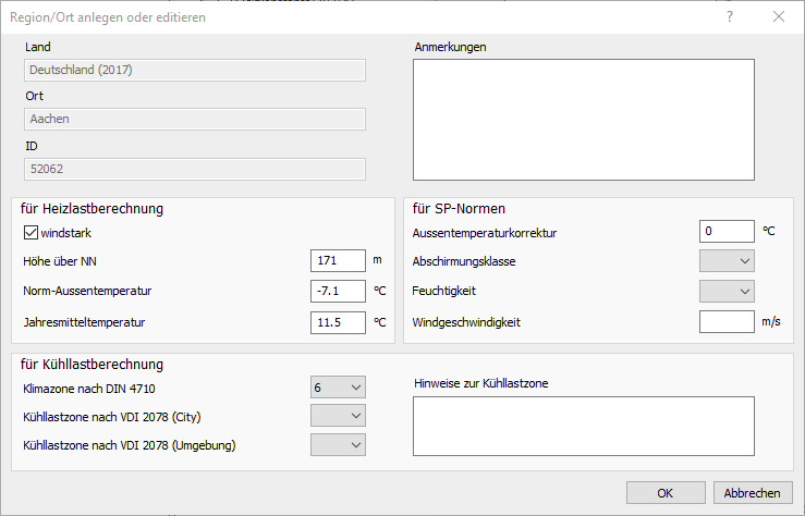 Dialog Region Ort anlegen Linear Building