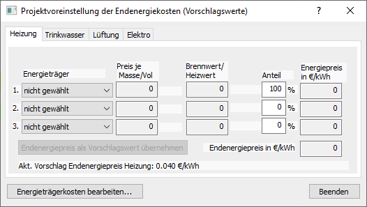 Projektvoreinstellung Enenergiekosten Linear Building