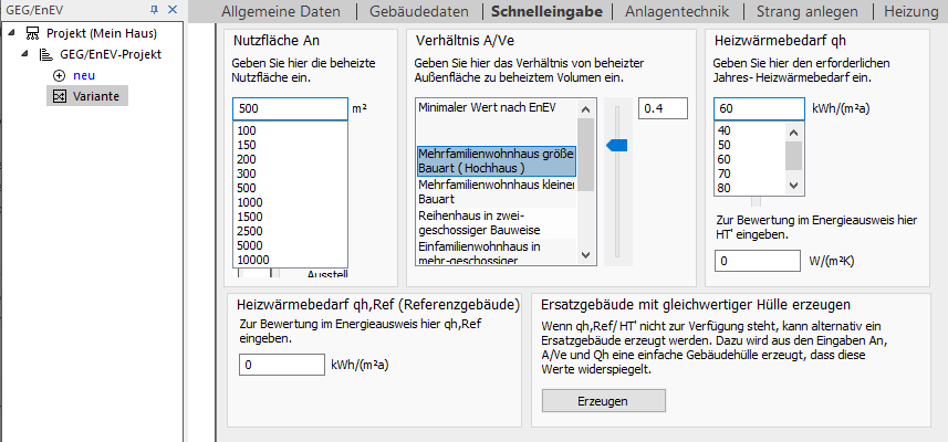 Schnelleingabe GEG EnEV Linear Building