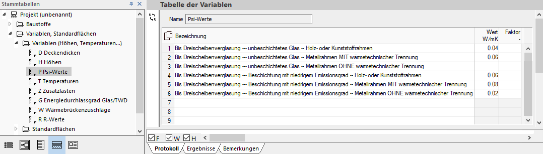 Tabelle der Variablen Linear Building