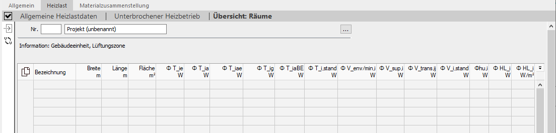 Heizlast Übersicht Räume Linear Building