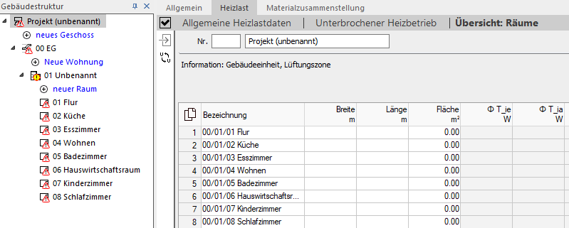 Heizlast Übersicht Räume Linear Building