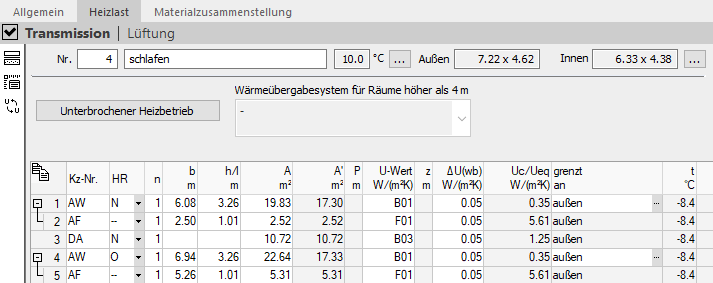 Allgemeine Heizlastdaten Transmission Linear Building