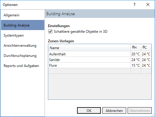 Dialog Optionen Building Analyse Linear