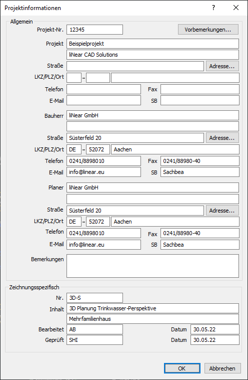 Dialog Projektdaten Linear AutoCAD