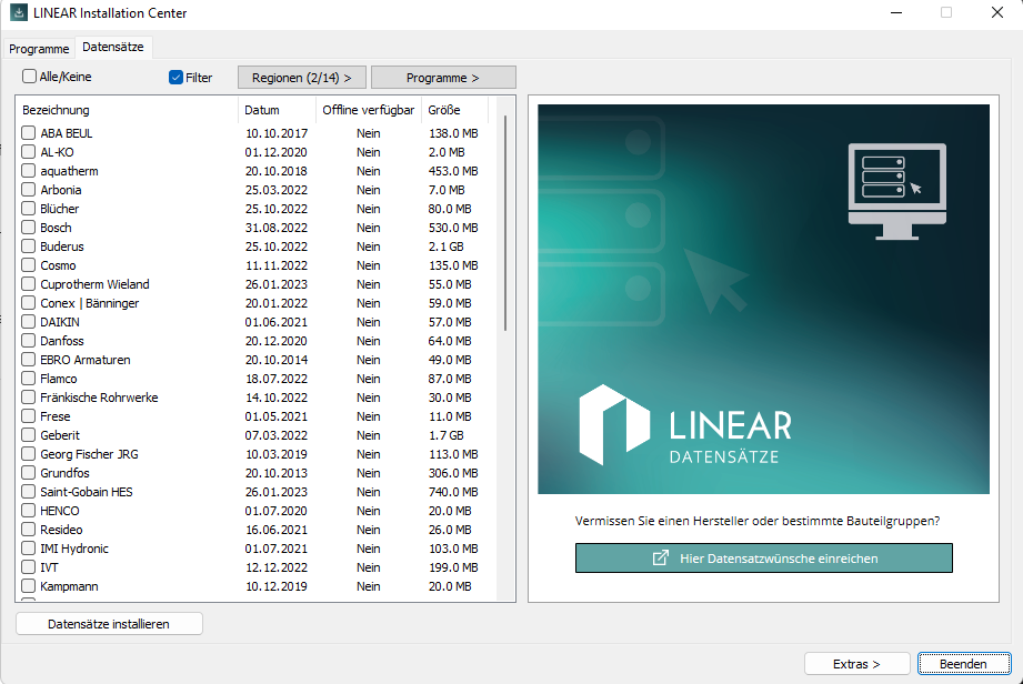 Datensätze Tab Linear Installatin Center