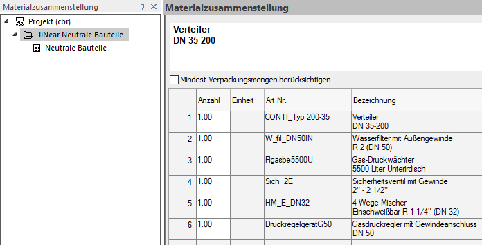 Materialzusammenstellung Linear CAD Browser