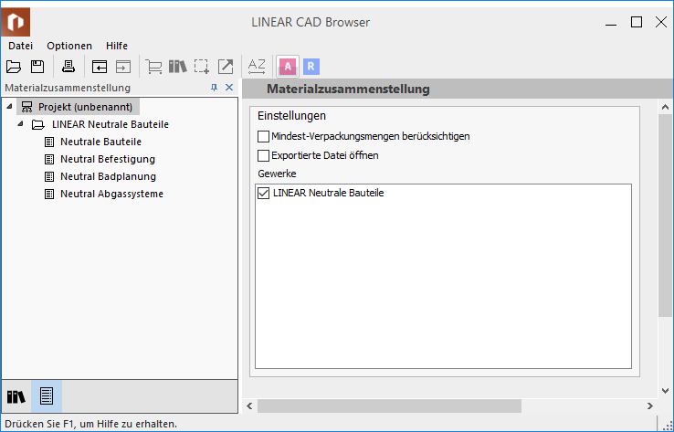 Materialzusammenstellung Linear CAD Browser