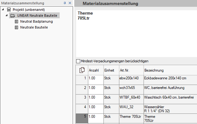 Materialzusammenstellung Linear CAD Browser