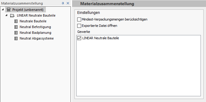 Materialzusammenstellung Linear CAD Browser