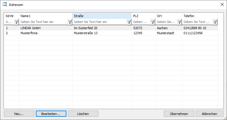 Dialog Adressen in den LINEAR Solutions