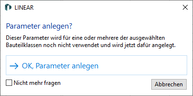 Abfrage bei der Definition von Geltungsbereichen mit der Auswahl von Klassen ohne den entsprechenden Parameter in den LINEAR Solutions für Autodesk AutoCAD